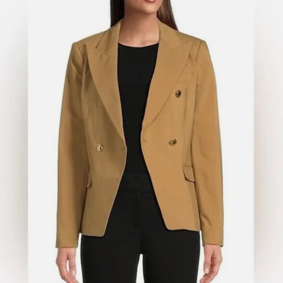 Michael Kors NWT Size 2 Double Breasted Peak Lapel Blazer Jacket Dark Camel - Picture 2 of 14